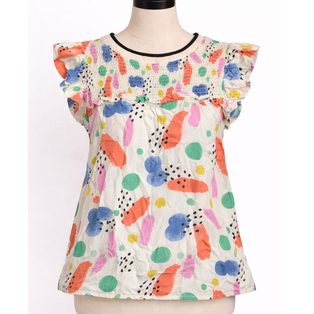 THML Colorful Abstract Print Top Smocked Ruffle Sleeve Rayon Medium